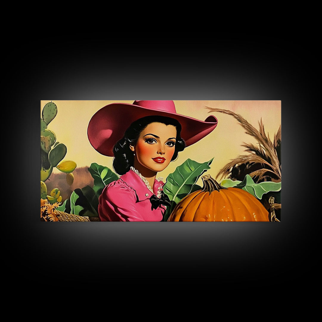 Retro Cowgirl In A Pumpkin Patch, Framed Canvas Print, Fall and Autumn Rustic Decor, perfect autumn or Christmas decor wall art
