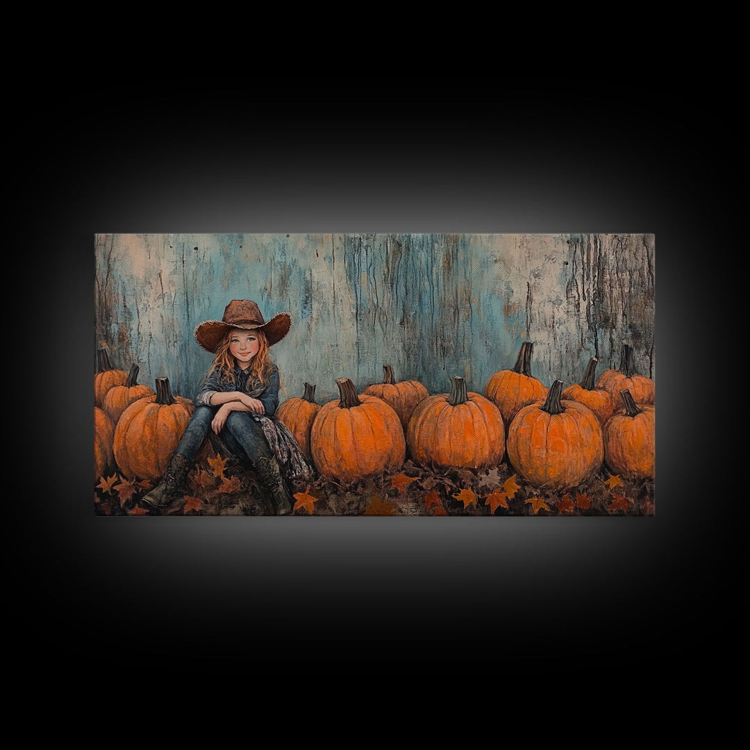Cute Cowgirl In A Pumpkin Patch, Framed Canvas Print, Fall / Thanksgiving Decor, minimalist seasonal art for autumn or Christmas decor