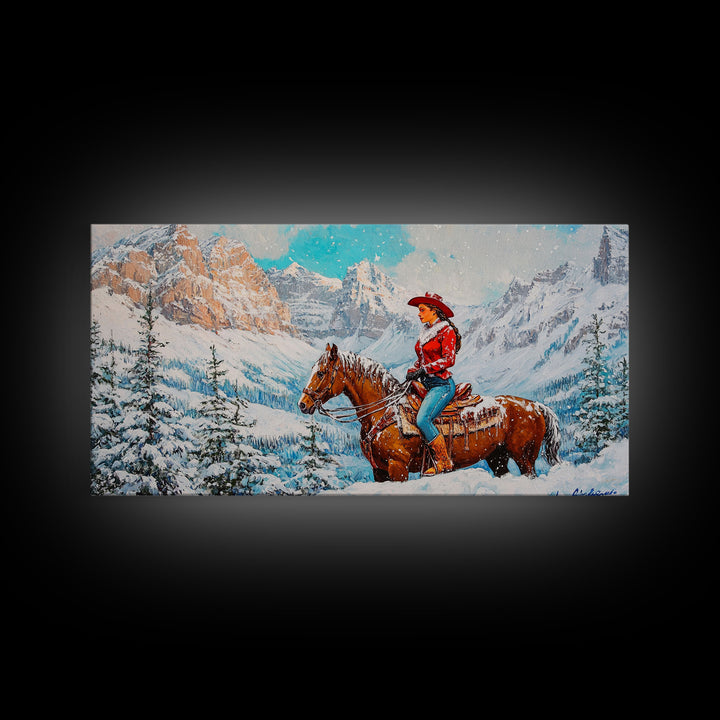 The Rider, Winter Cowgirl Framed Canvas Print, Farmhouse Western Decor, rustic winter wall art for holiday or seasonal decor