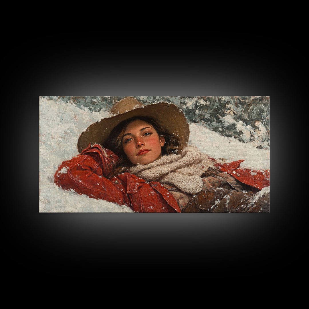 Cowgirl Laying In The Snow Framed Canvas Print, Cute Rustic Decor, Cowgirl Portrait Painting, Winter Wall Art