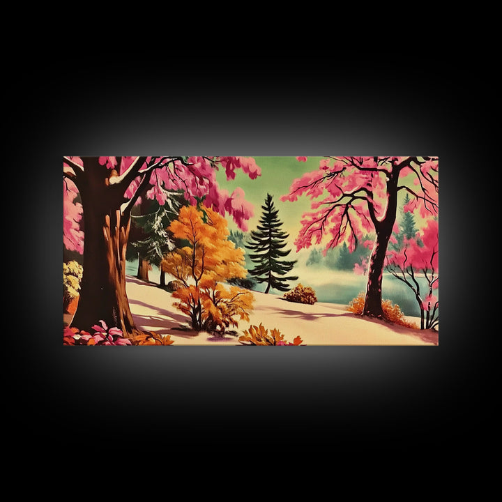 Colorful Path with Pink and Orange Trees Framed Canvas Print, Ideal Autumn Wall Art, Perfect Seasonal Decor Gift for Nature Lovers