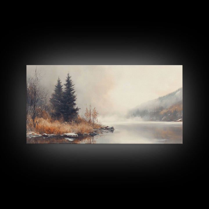 Fall On The River, Framed Canvas Print, Beautiful Watercolor Painting Of an Autumn Landscape, Ready To Hang Seasonal Decor
