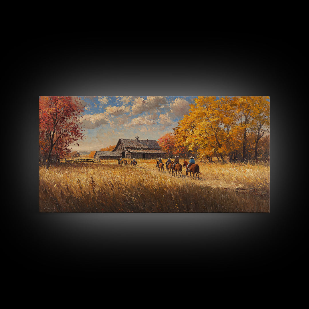 Horseback Riders In Autumn Near Barn, Rustic Fall Wall Art, Cozy Farmhouse Decor Framed Canvas Print, Harvest Time Country Art