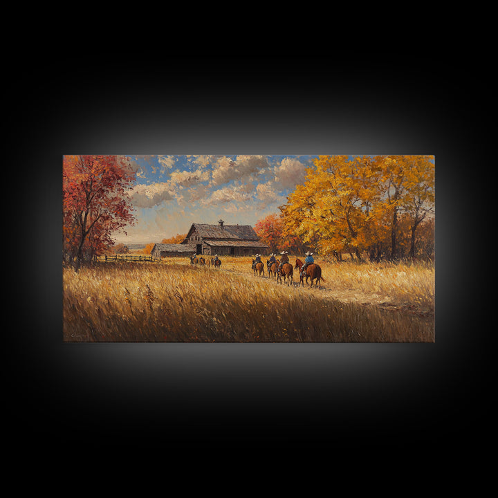 Horseback Riders In Autumn Near Barn, Rustic Fall Wall Art, Cozy Farmhouse Decor Framed Canvas Print, Harvest Time Country Art