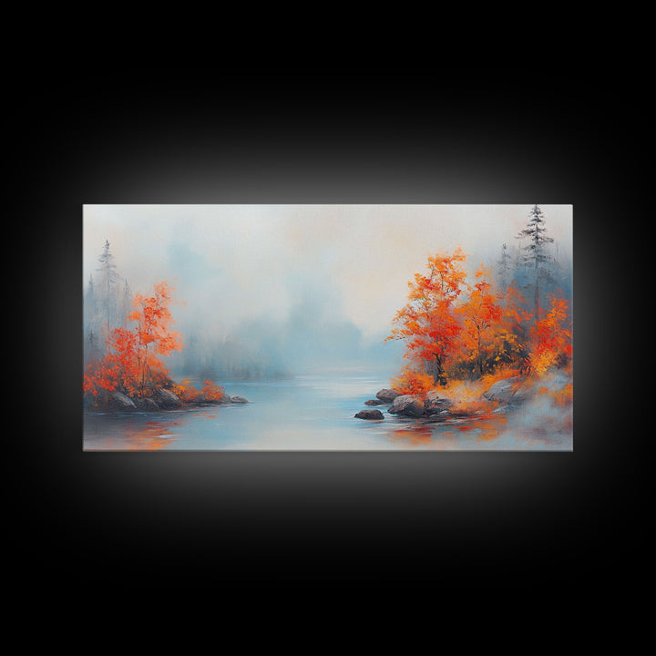 Fall On The Lake, Framed Canvas Print, Beautiful Seasonal Decor, Moody Landscape Painting