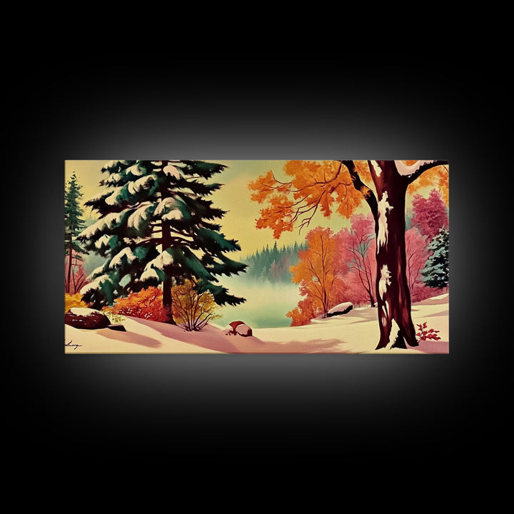 Retro 1950s Style Winter Landscape Painting, Framed Canvas Print, Perfect Holiday Wall Art for Vintage Christmas Decor and Festive Interiors