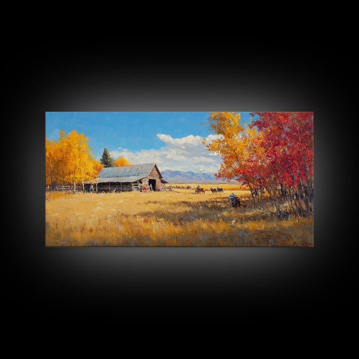 Group Of Horseback Riders In Autumn Field, Rustic Fall Scene Wall Art, Country Farmhouse Framed Canvas Print, Cozy Harvest Time Art