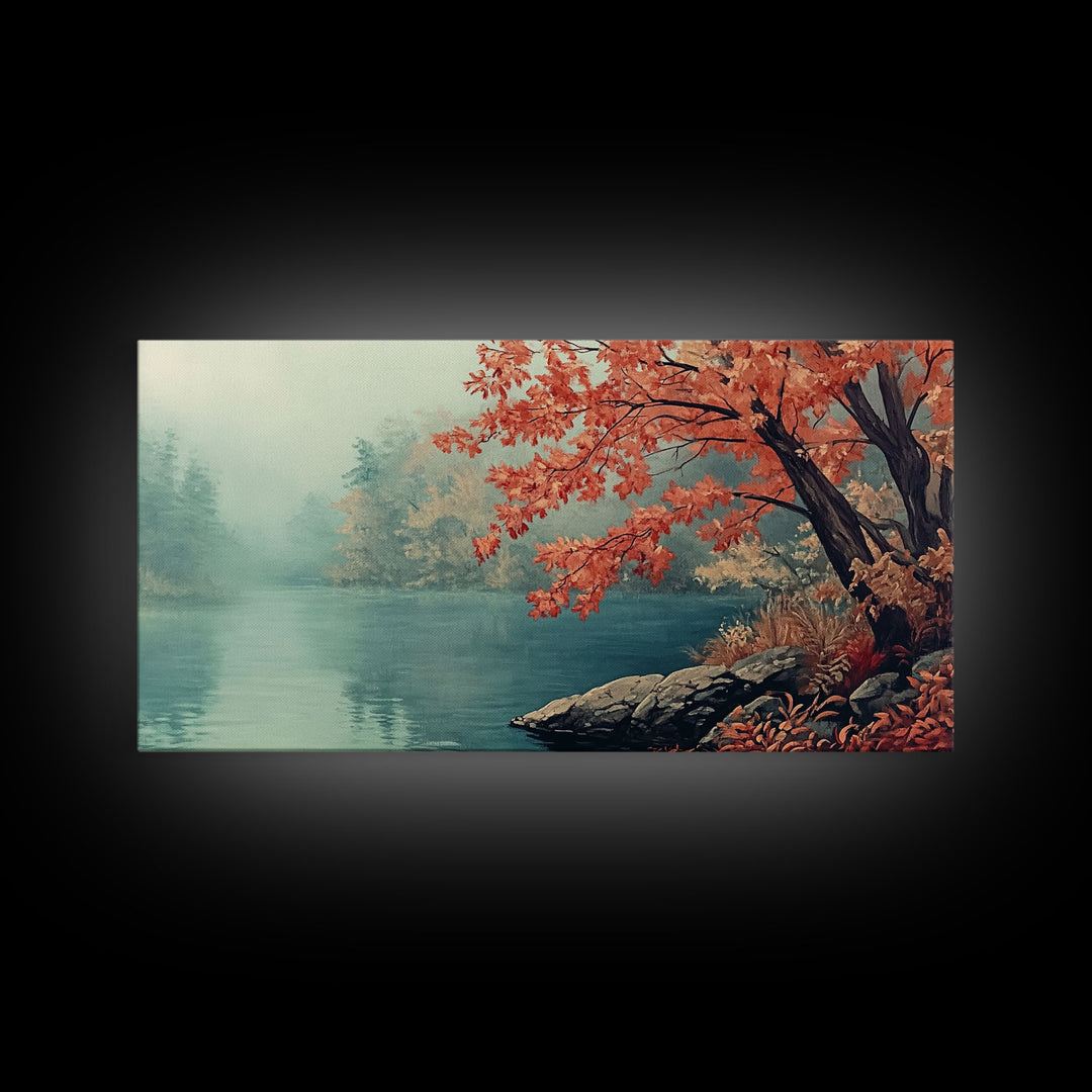 Fall On The Lake, Watercolor Landscape Painting Framed Canvas Print, retro holiday decor wall art with nostalgic vibe