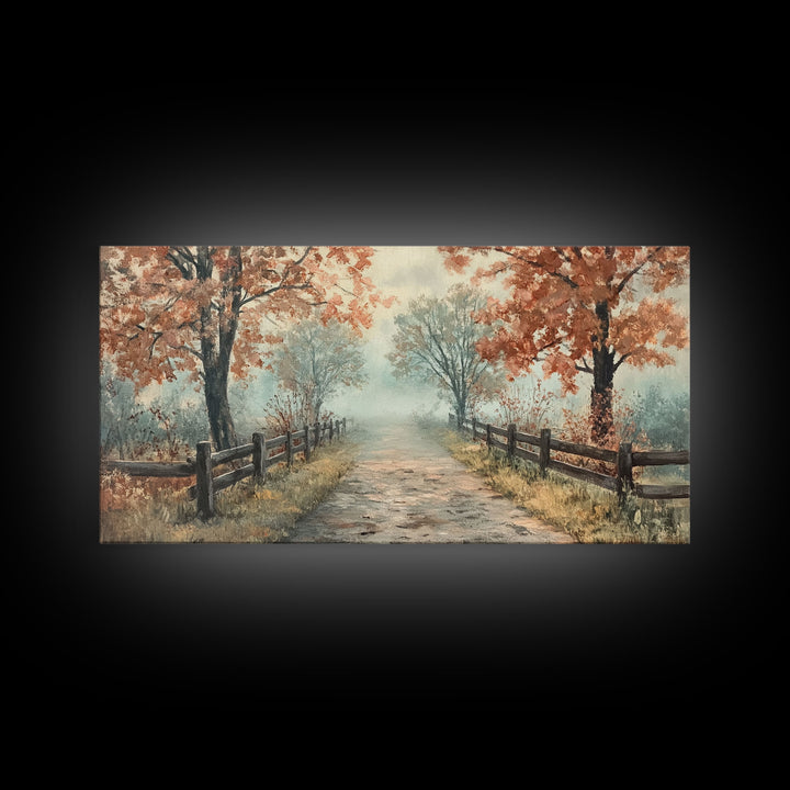 Autumn Path Framed Canvas Print, Rustic Fence and Trees Wall Art, Farmhouse Fall Home Decor, Vintage Style Wall Art, Seasonal Gift Idea