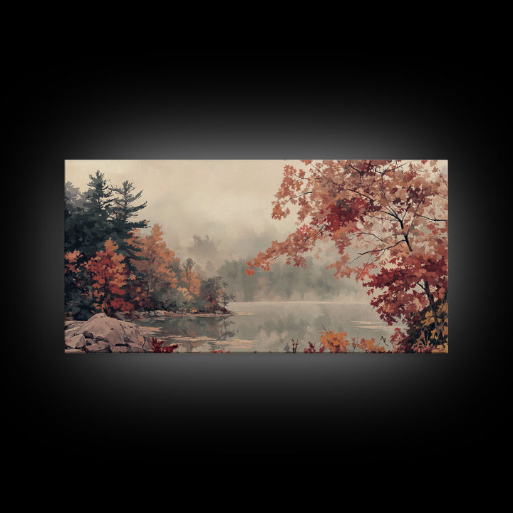 Misty Lake and Autumn Trees Framed Canvas Print, Tranquil Landscape Art, Fall Nature Scene Wall Art, Seasonal Fall Decor, Gallery Wall