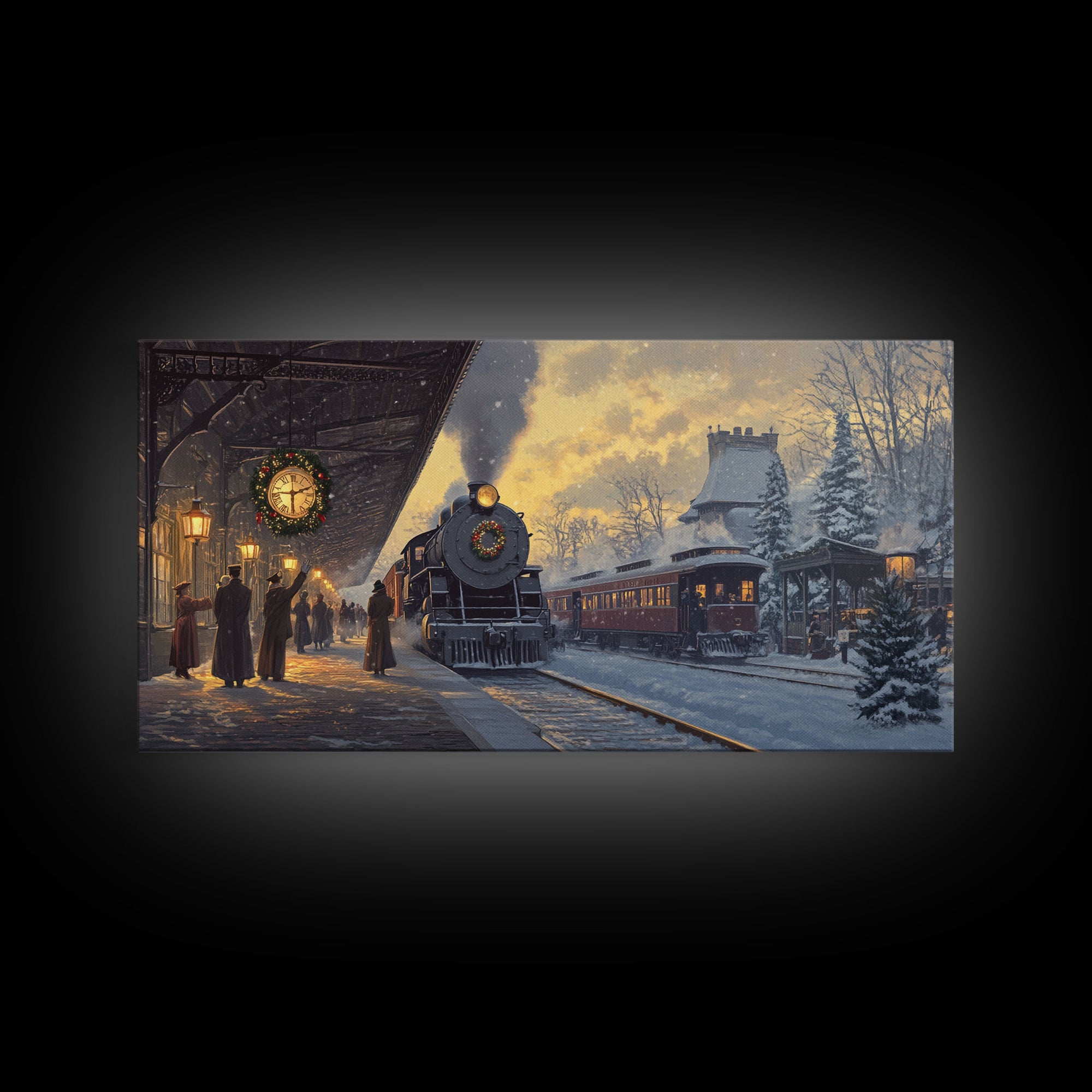 Christmas Train Station Framed Canvas Print, Snowy Train Scene Art, Vintage Christmas Decor, Holiday Wall Art, Best Christmas Gift