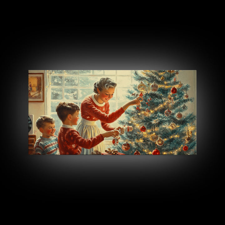 Family Decorating Tree Framed Canvas Print, Retro Christmas Scene, Vintage Holiday Decor, Christmas Tree Art, Christmas Wall Art Gift