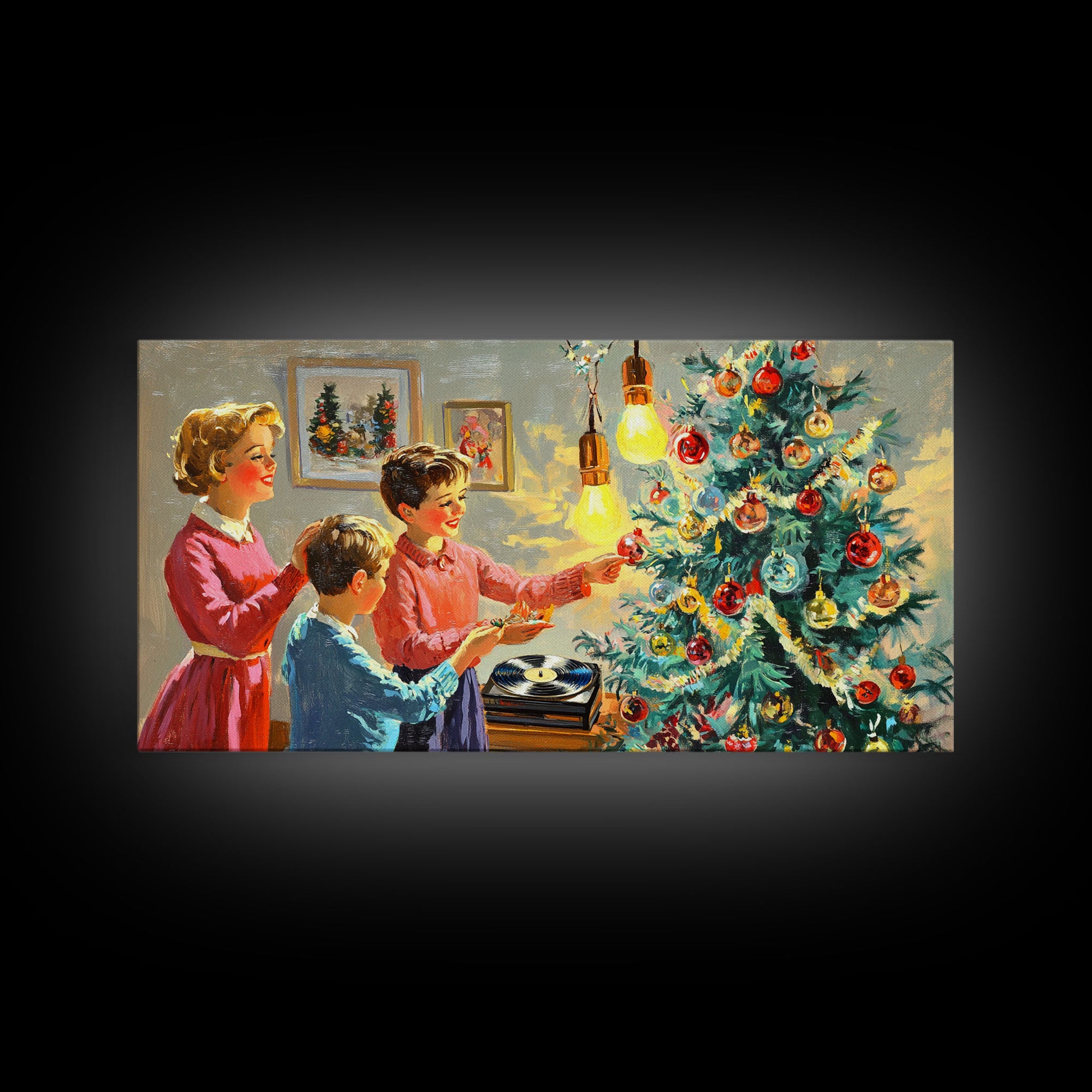 Family Christmas Decorating Framed Canvas Print, Retro Holiday Scene Art, Vintage Christmas Home Decor, Christmas Art Prints, Wall Art