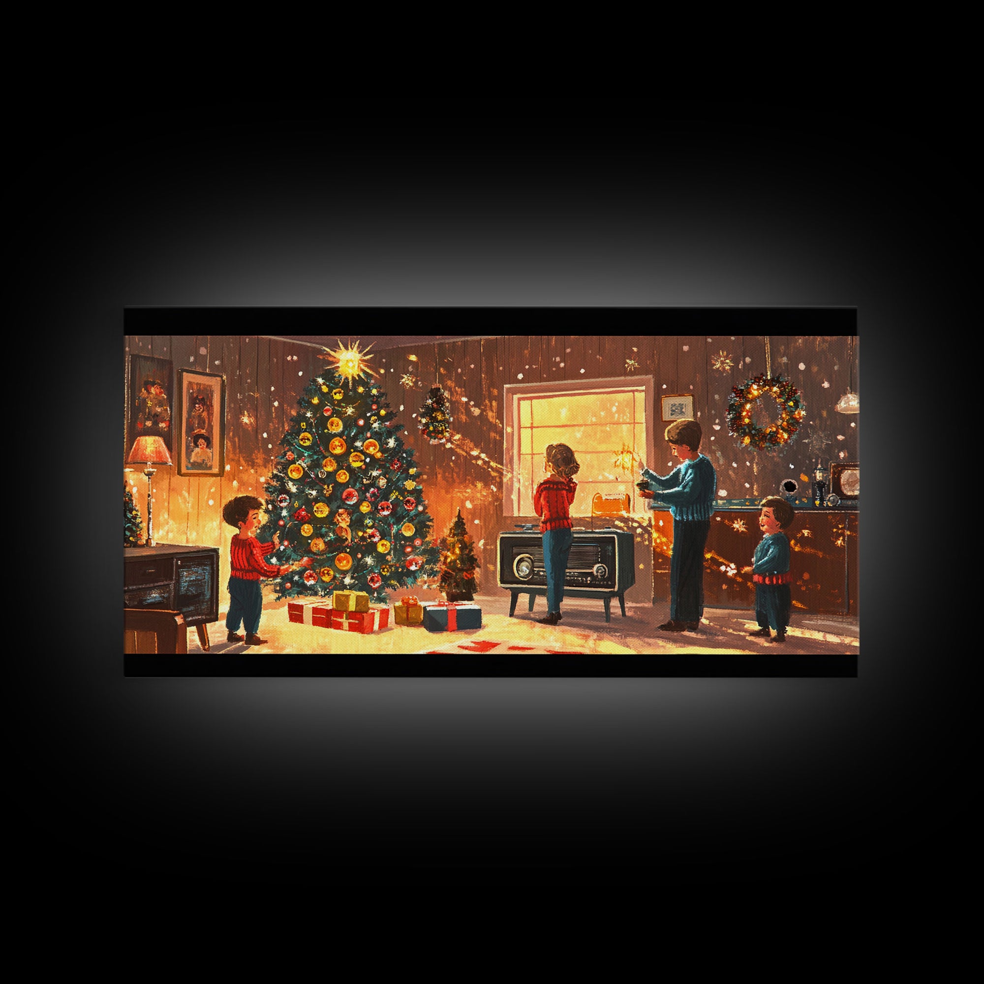 Cozy Christmas Evening Framed Canvas Print, Vintage Christmas Scene Art, Retro Holiday Home Decor, Christmas Tree Wall Art, Christmas Gift