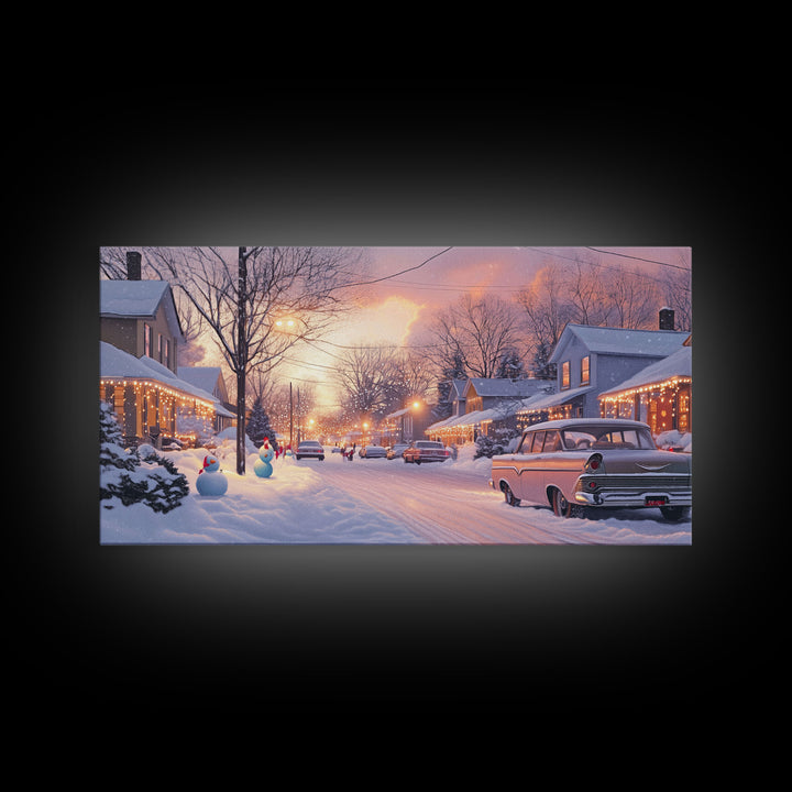Snowy Neighborhood Evening Framed Canvas Print, Winter Wonderland Scene Art, Christmas Home Decor, Vintage Christmas Art, Holiday Wall Art