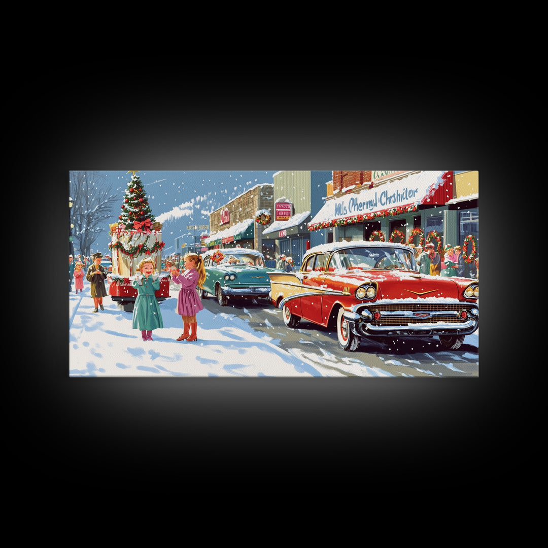 Christmas Parade Street Framed Canvas Print, Vintage Holiday Decor, Retro Christmas Scene Art, Best Gift Christmas Decor, Holiday Wall Art
