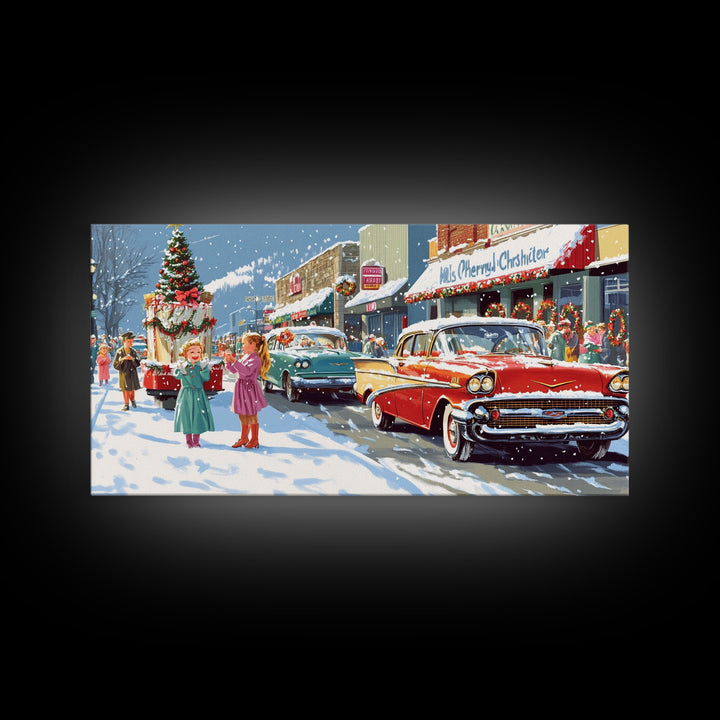 Christmas Parade Street Framed Canvas Print, Vintage Holiday Decor, Retro Christmas Scene Art, Best Gift Christmas Decor, Holiday Wall Art
