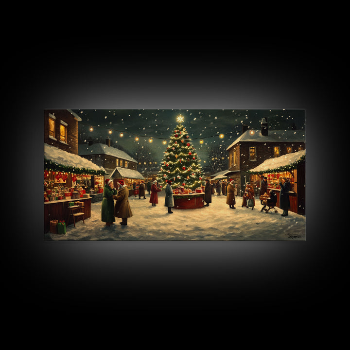 Vintage Christmas Village Market Scene Framed Canvas Print - Perfect Retro Christmas Wall Art and Vintage Christmas Home Decor 2024