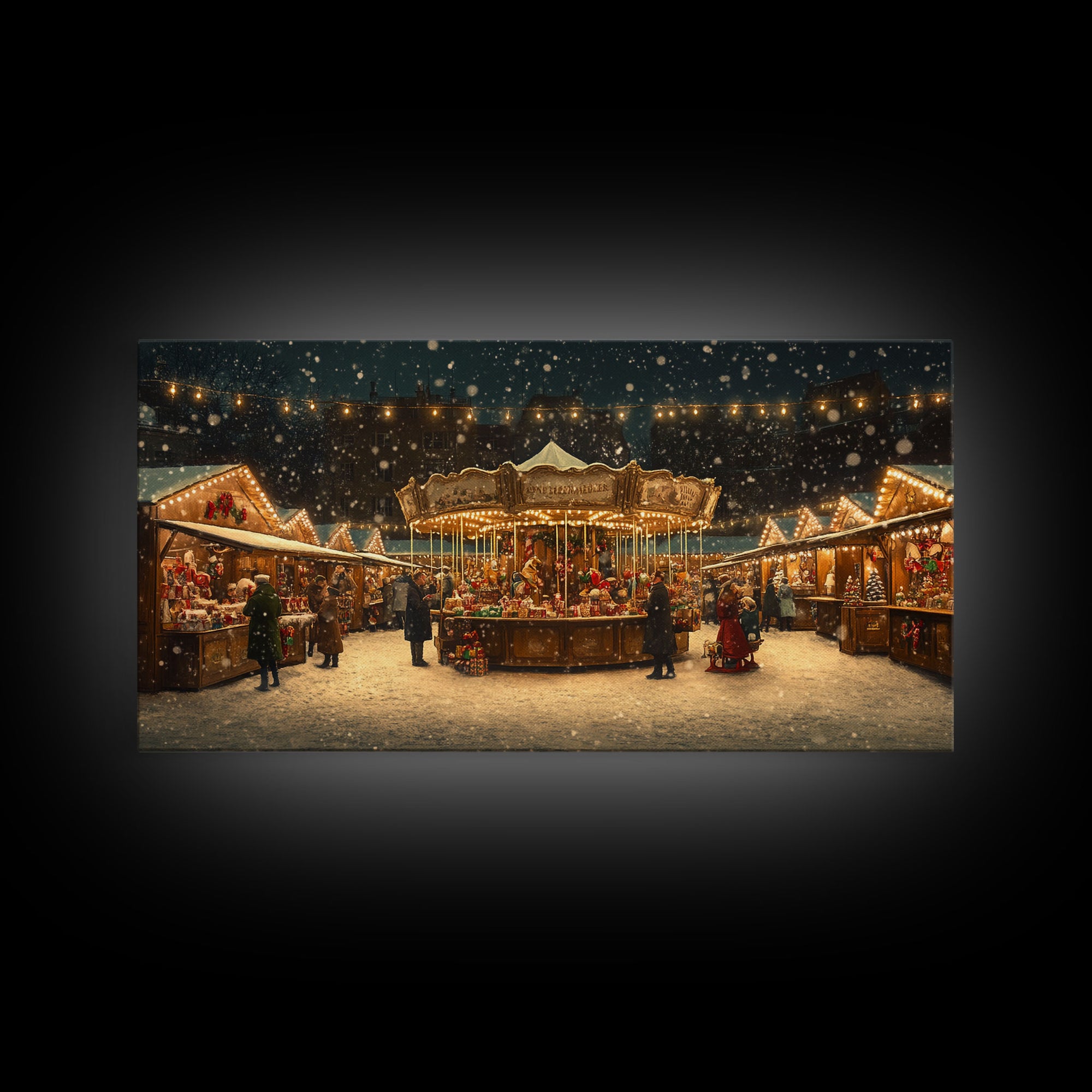 Retro Carousel Christmas Market Framed Canvas Print - Beautiful Vintage Christmas Decor and Holiday Wall Art with Christmas Scene