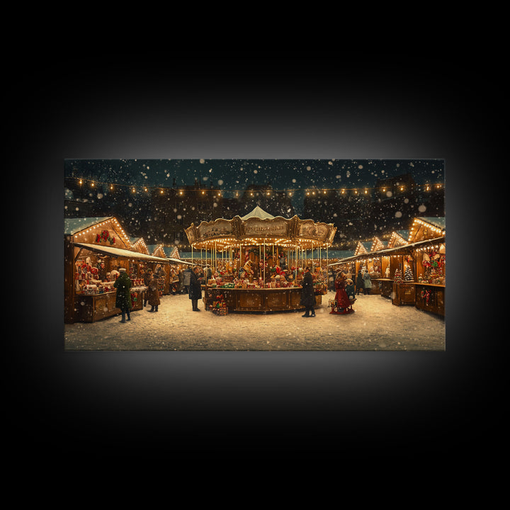 Retro Carousel Christmas Market Framed Canvas Print - Beautiful Vintage Christmas Decor and Holiday Wall Art with Christmas Scene