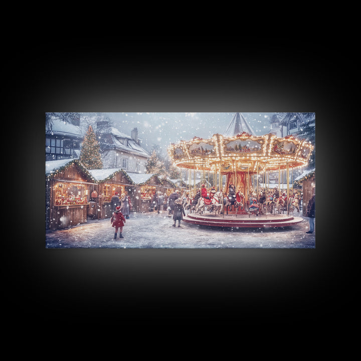 Festive Christmas Carousel Framed Canvas Print - Vintage Christmas Wall Art and Holiday Scene Decor with Christmas Characters