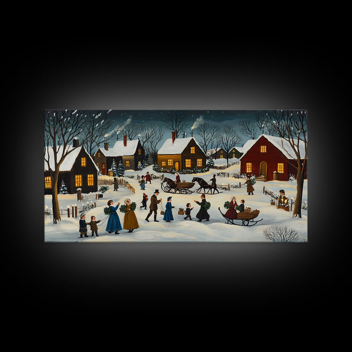 Colonial Village Christmas Scene Framed Canvas Print - Charming Christmas Wall Art and Vintage Holiday Decor 2024 Christmas Gift