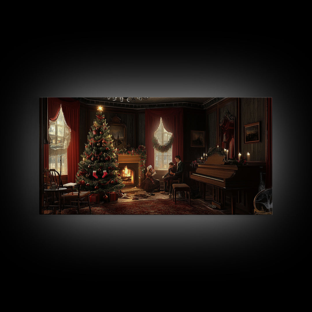 Victorian Christmas Living Room Framed Canvas Print - Elegant Christmas Decor with Vintage Holiday Charm and Indoor Wall Art