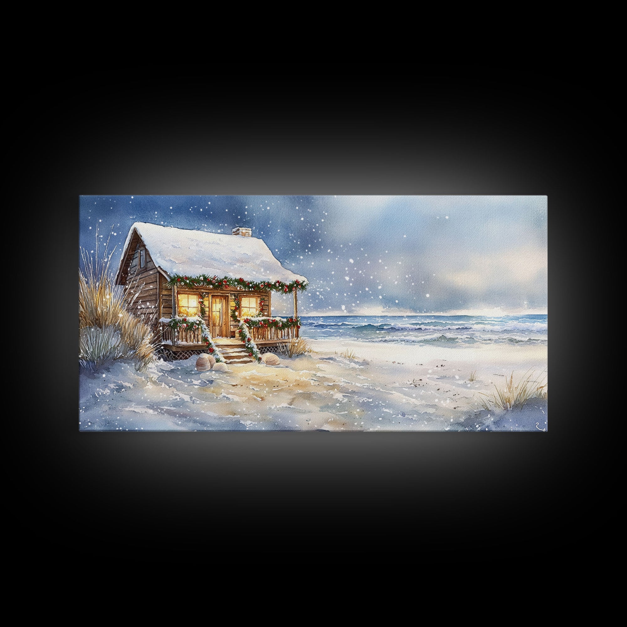 Coastal Winter Cottage Snowy Christmas Scene With Framed Canvas Print, Winter Wonderland Beach House Christmas Decor Wall Art