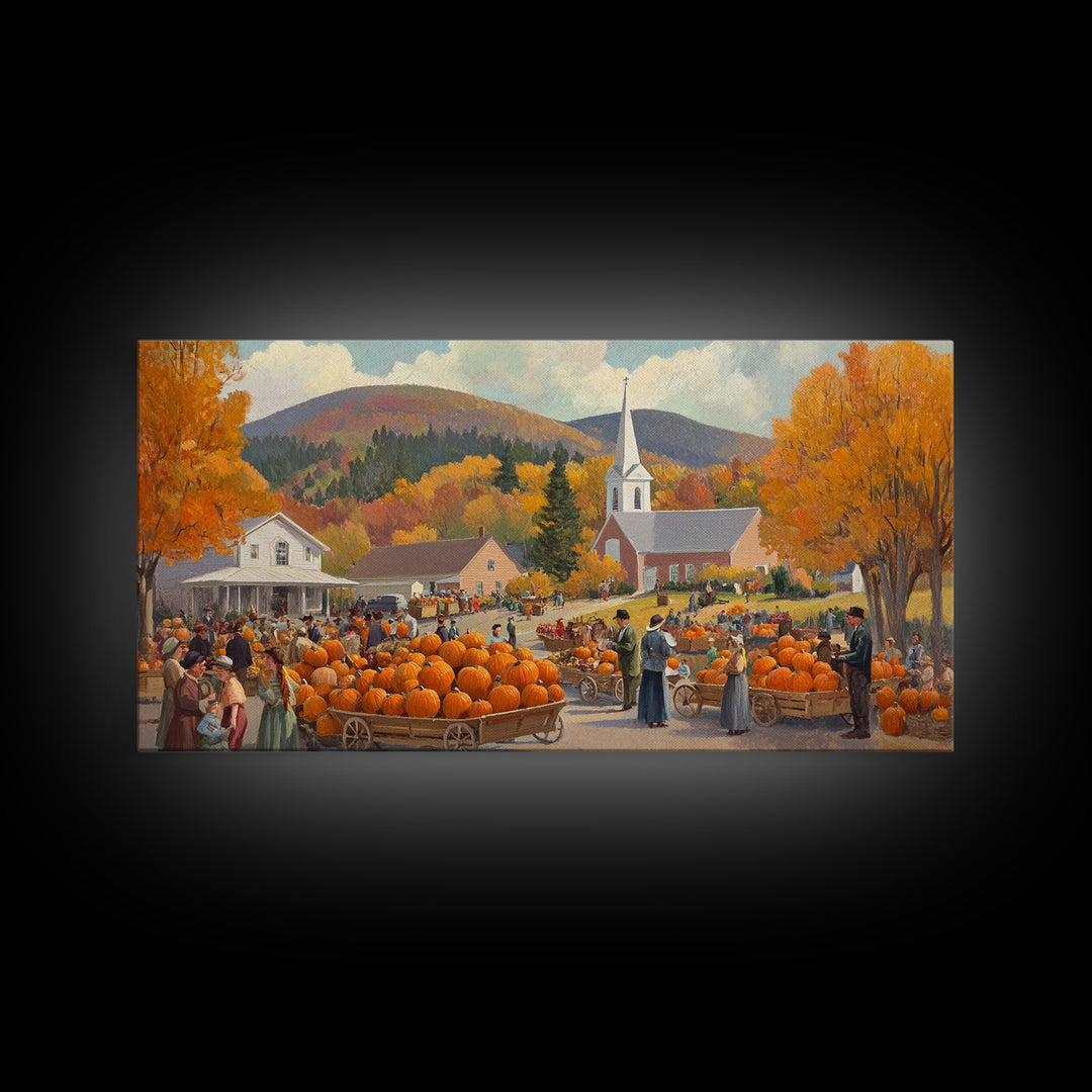 Autumn church harvest scene with pumpkins, farmhouse fall decor, canvas print, vintage fall wall art, seasonal decor