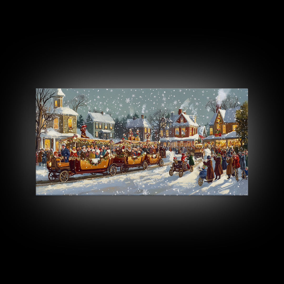 Vintage Christmas parade with decorated cars, 2024 Christmas scene art, framed canvas print, festive holiday art, Christmas wall art