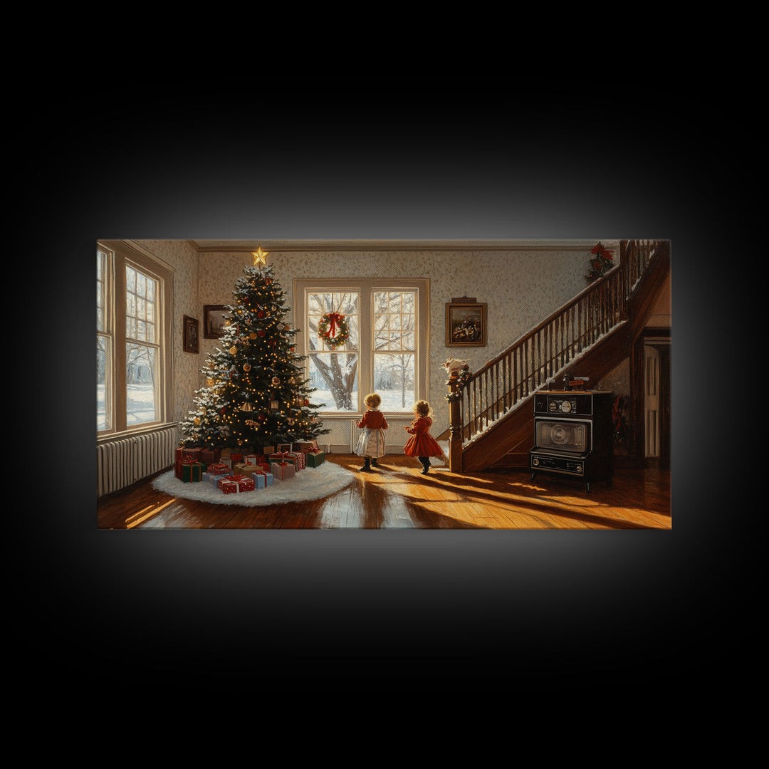 Vintage Christmas scene with children by tree, rustic Christmas home decor, framed canvas print, Christmas art prints, 2024 holiday wall art