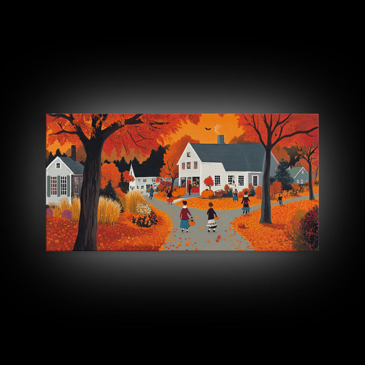 Autumn Vintage Village Canvas Print with Fall Foliage, Seasonal Farmhouse Art, Framed Wall Decor Gift, Best Gift Idea