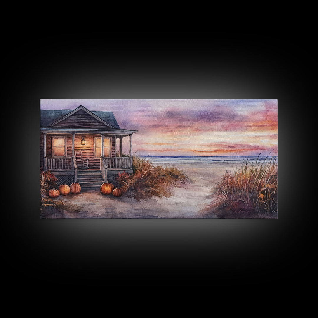 Rustic Beach Cottage Fall Scene Framed Canvas Print, Coastal Autumn Sunset Wall Art Ideal Autumn Gift, Seasonal Beach Decor