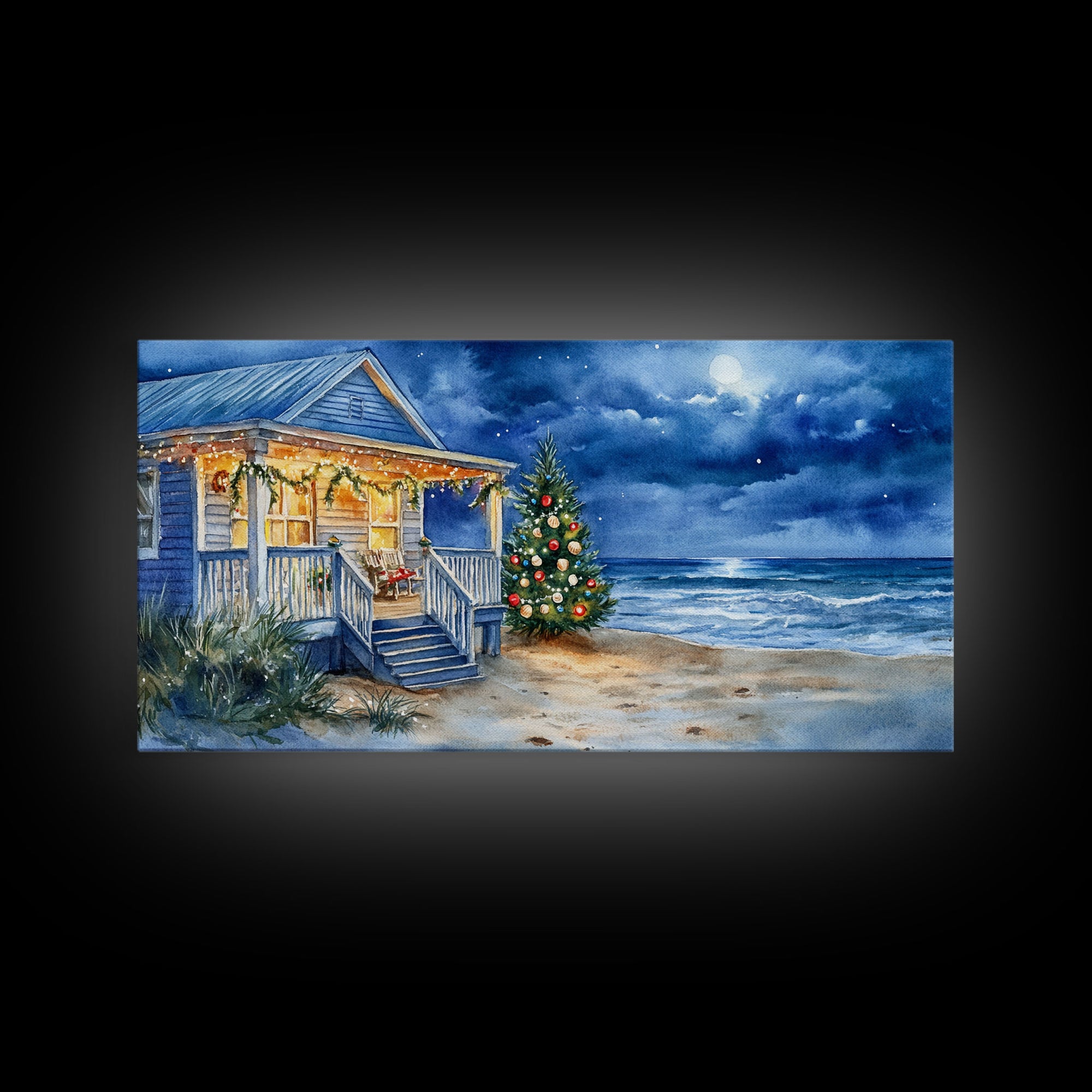 Cozy Christmas Cottage On Beach Scene With Framed Canvas Print, Winter Beach Home Christmas Tree Wall Art, Holiday Wall Decor