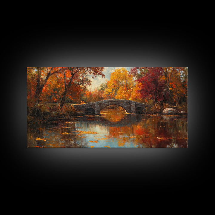 Scenic Autumn Bridge Framed Canvas Print, Cozy Fall Landscape Wall Art, Country Farmhouse Autumn Decor, Best Seasonal Gift Idea