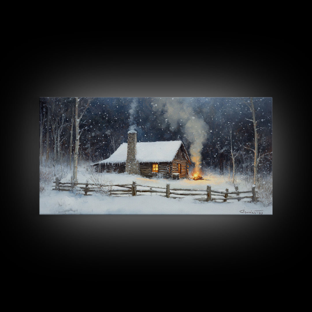 Rustic Cabin in Snow Framed Canvas Print, Cozy Winter Wonderland Art, Best Gift Idea for Christmas Wall Art, Vintage Holiday Decor