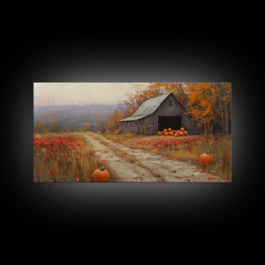 Scenic Country Farmhouse Autumn Harvest Framed Canvas Print with Pumpkins, Rustic Farmhouse Fall Art, Wall Decor, Seasonal Wall Art Gift
