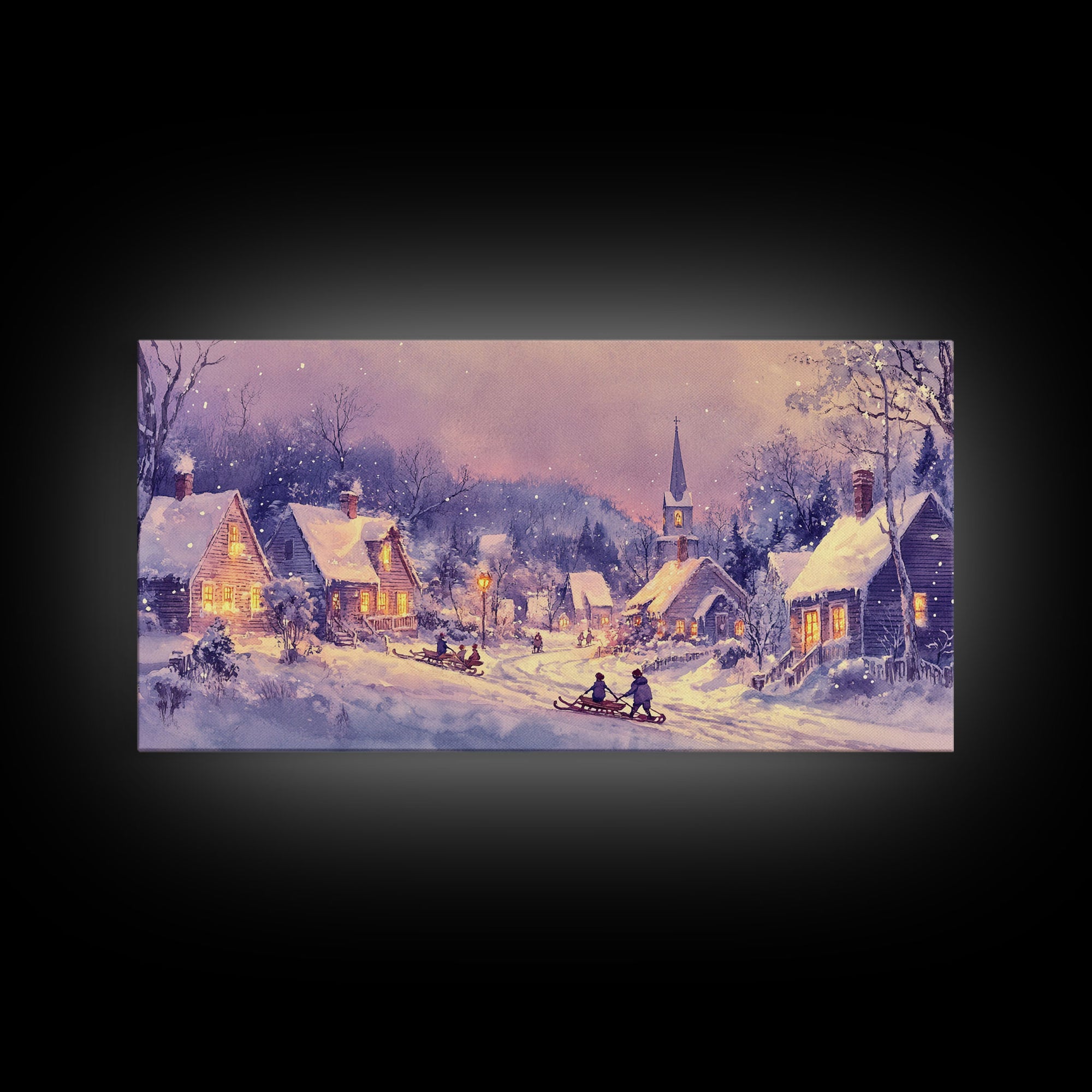 Serene Christmas Village Framed Canvas Print, Snowy Winter Landscape with Families Sledding in a Cozy Neighborhood Holiday Art