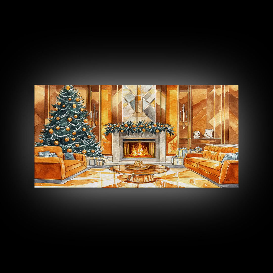 Luxurious Christmas Living Room Framed Canvas Print, Golden Holiday Decor with Christmas Tree and Fireplace Winter Wall Art