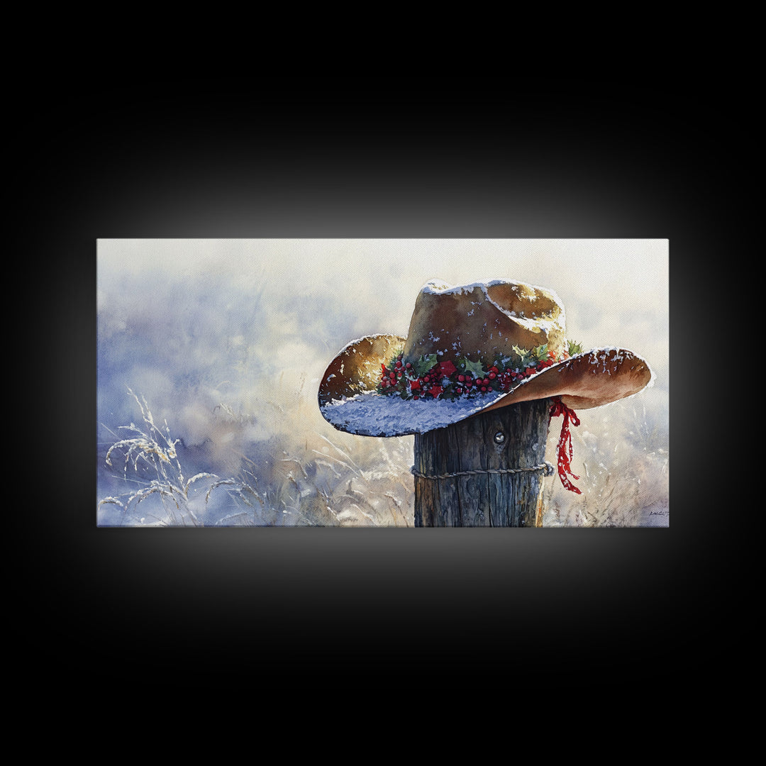 Rustic Cowboy Christmas Hat Framed Canvas Print, Snow-Covered Country Holiday Decor with Wreath on Fence Perfect Winter Art