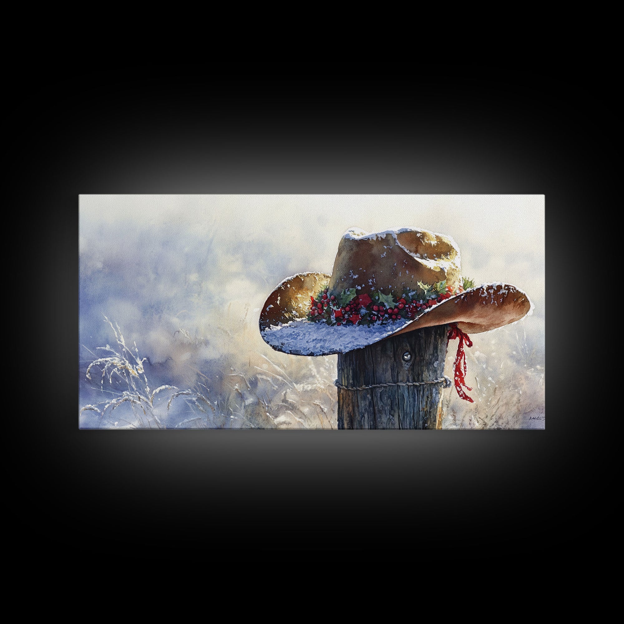Rustic Cowboy Christmas Hat Framed Canvas Print, Snow-Covered Country Holiday Decor with Wreath on Fence Perfect Winter Art
