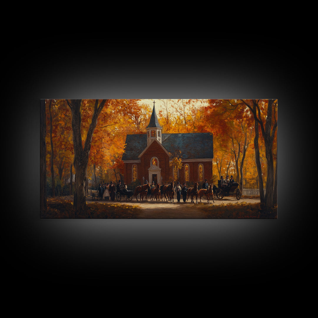 Beautiful Country Church in Autumn Scene Framed Canvas Print Fall Art, Rustic Autumn Church Scene, Vintage Wall Art Home Decor