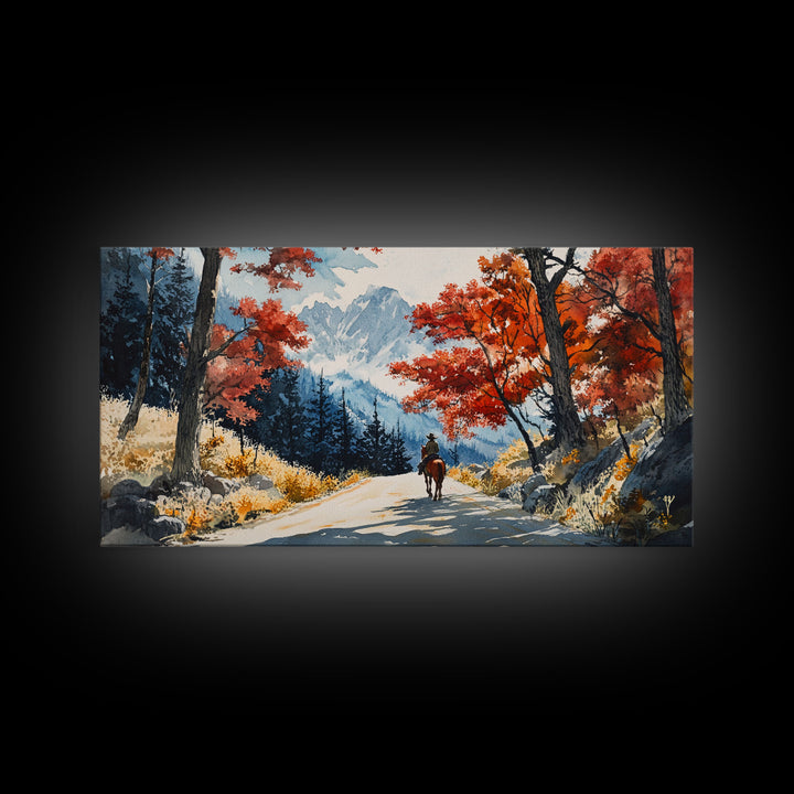 Cowboy Riding In Winter Snow Framed Canvas Print Tall Art Winter Landscape Rustic Christmas Decor Western Home Wall Art Mountain Gift Idea