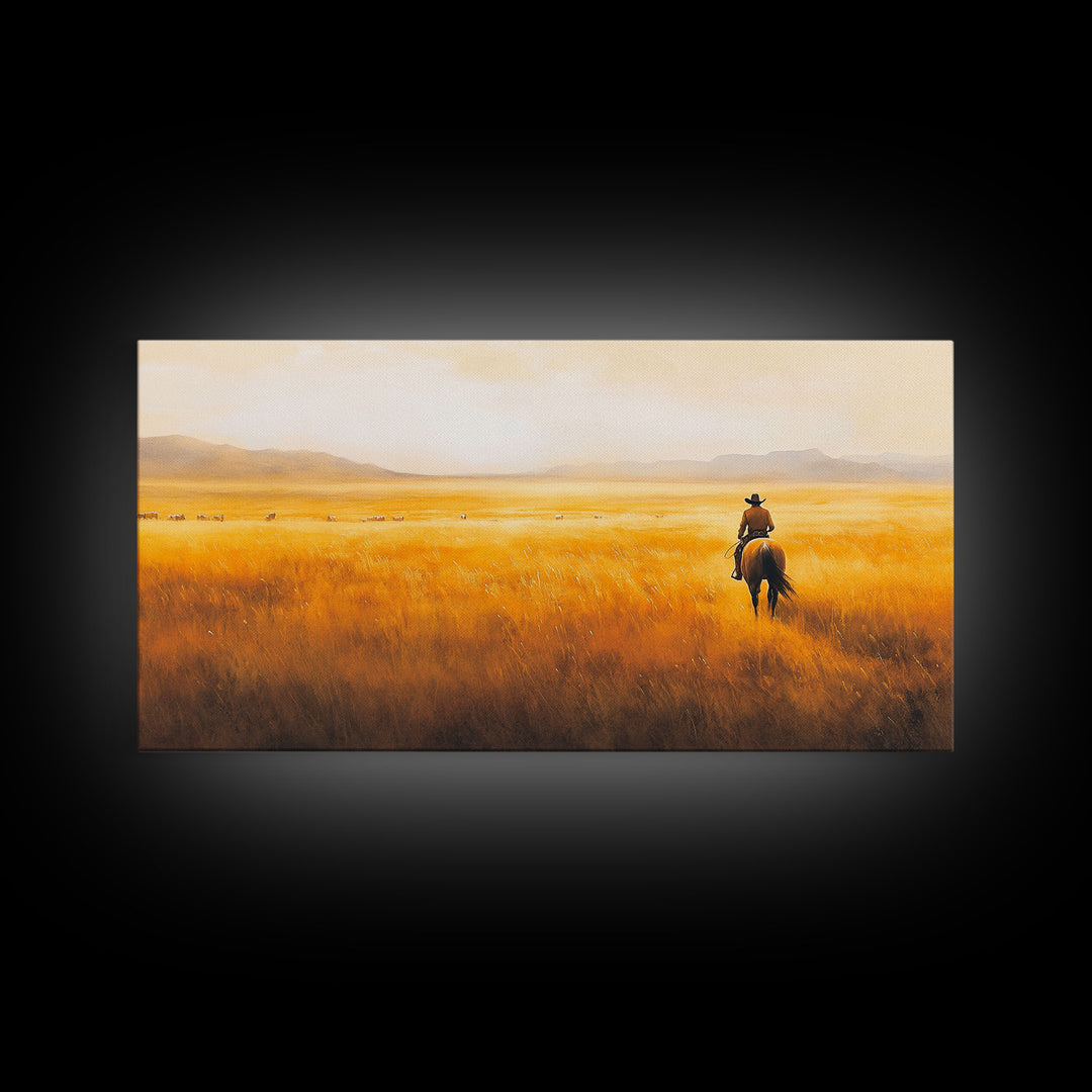 Herding Cattle Across Plains Framed Canvas Print Tall Art Rustic Autumn Landscape Western Country Decor Fall Home Wall Art Farmhouse Gift