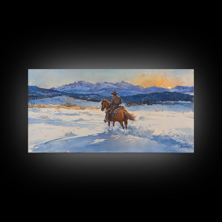 Cowboy In Golden Light Framed Canvas Print Tall Art Autumn Country Landscape Fall Decor Rustic Western Wall Art Farmhouse Decor Gift