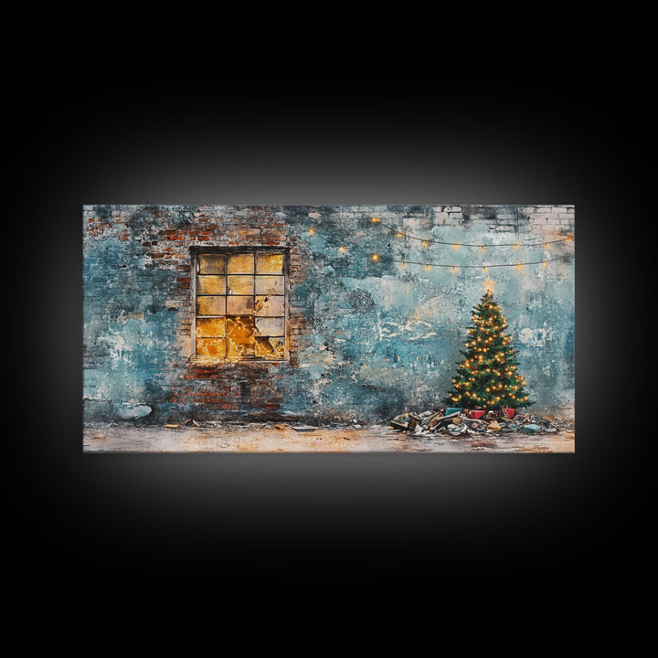 Rustic urban Christmas wall art with a glowing window and decorated tree, framed canvas print perfect seasonal decor, winter holiday display