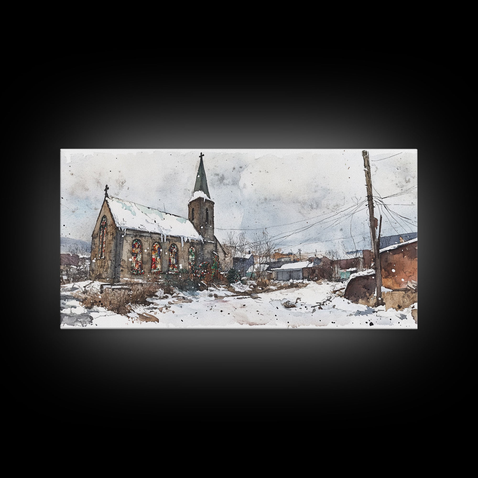 Snowy church scene framed canvas print, stained glass church in winter with snow-covered rooftops, perfect Christmas or holiday art display