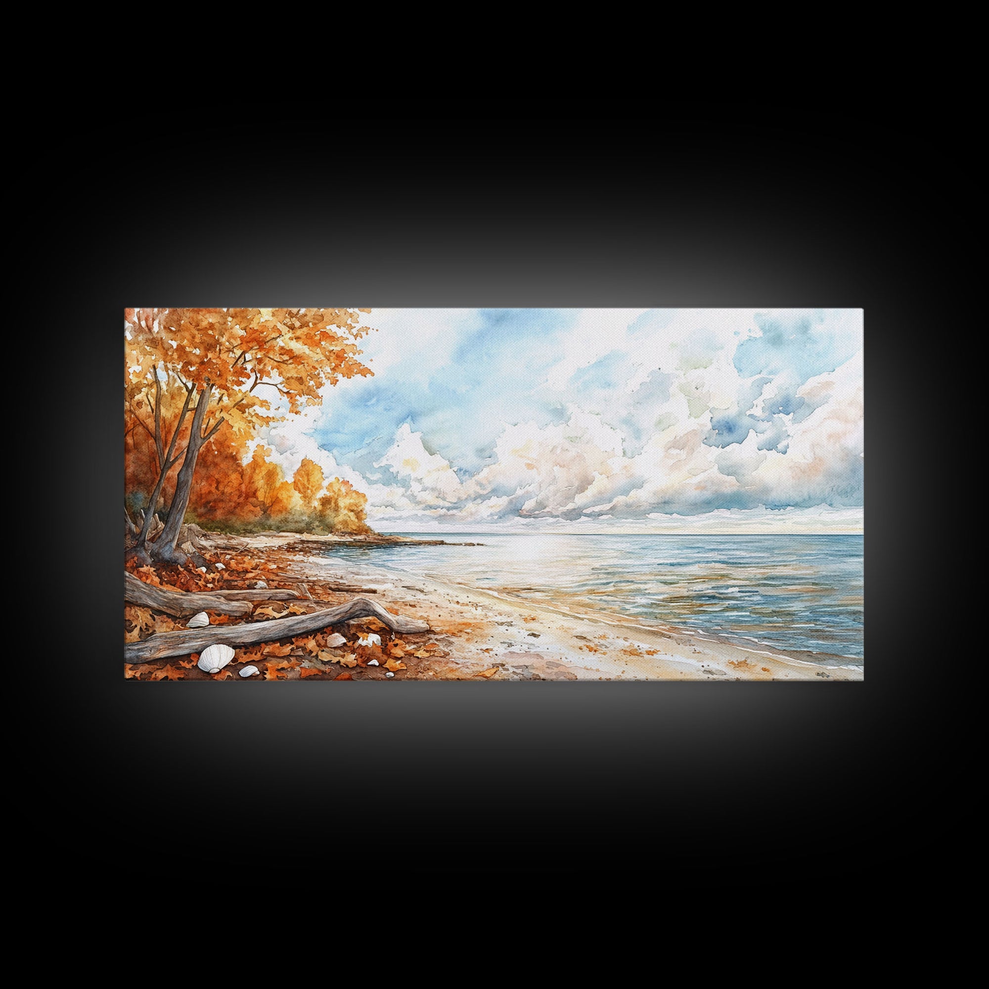 Autumn beach scene with colorful trees and calm waters, framed canvas print, perfect fall or autumn seasonal decor wall art