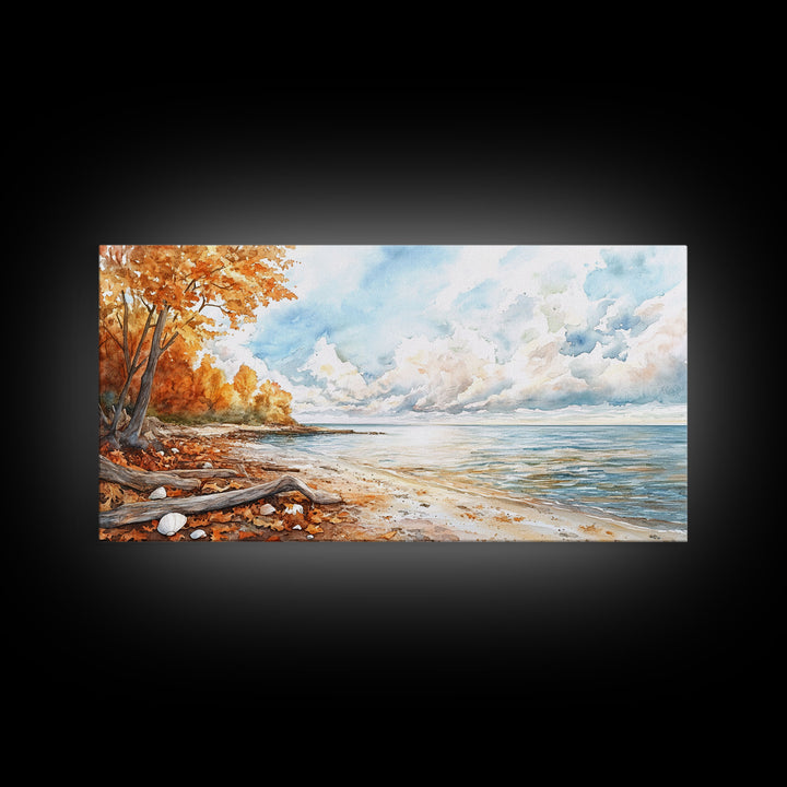 Autumn beach scene with colorful trees and calm waters, framed canvas print, perfect fall or autumn seasonal decor wall art