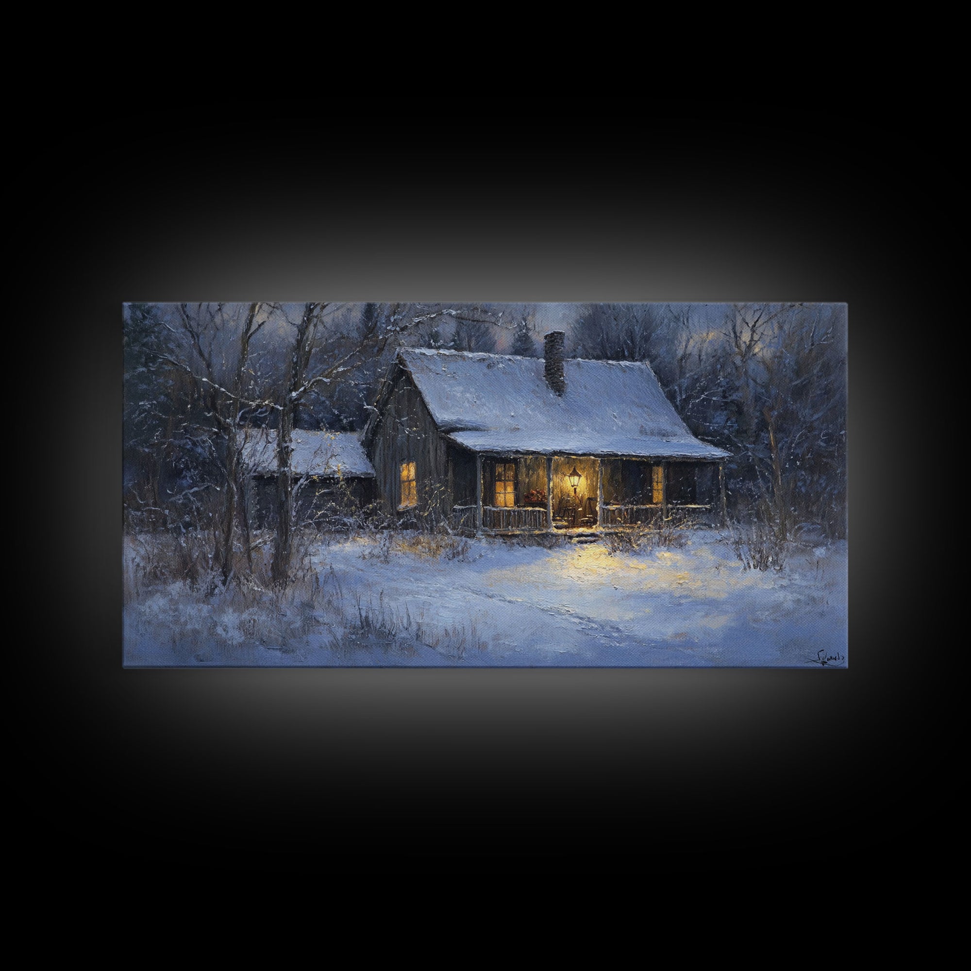 Cozy Winter Cabin Scene Framed Canvas Print with Snowy Landscape, Christmas Wall Art, Rustic Winter Scene, Vintage Seasonal Wall Decor
